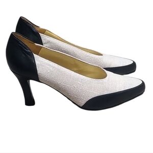 Charles Jourdan Cream Jute and Black Leather Designer Vintage Kitten Heels
